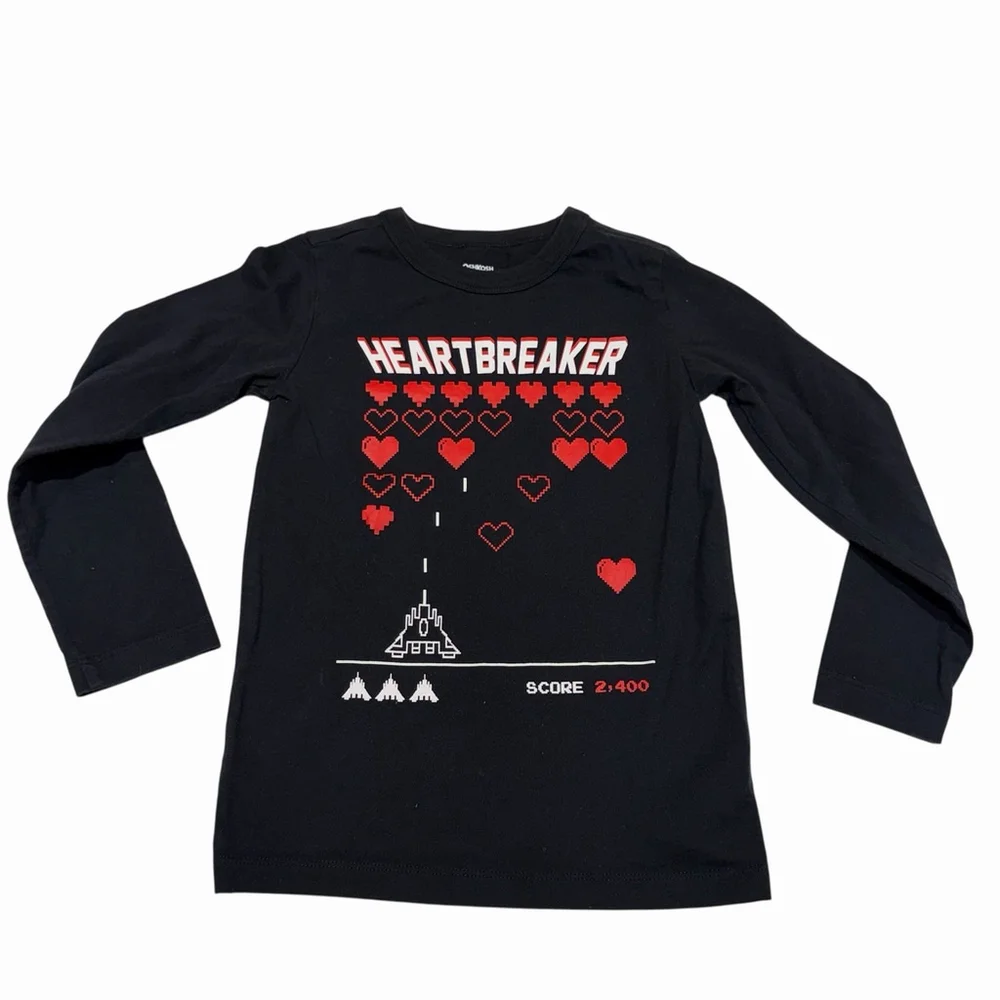 Oshkosh Boys Black Long Slv Graphic Tee Heartbreaker Arcade Game Shirt Size 4/5‎